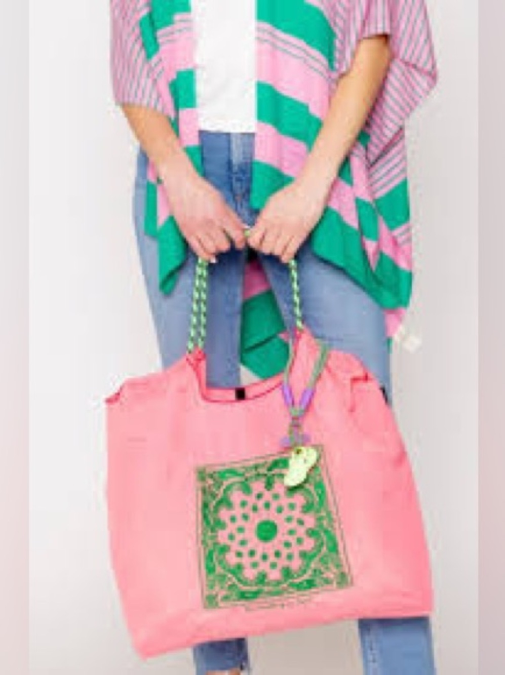 Pink Canvas Tote Bag with Green Embroidery - Women Bags